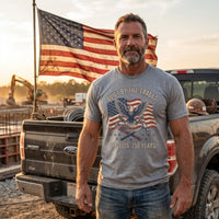 Load image into Gallery viewer, Tradesman wearing Built by the Trades shirt, American flag and pickup truck lifestyle