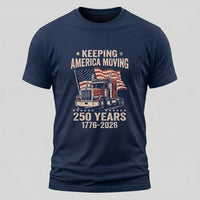 Load image into Gallery viewer, Keeping America Moving 250 Years Trucker navy t-shirt, worn product shot