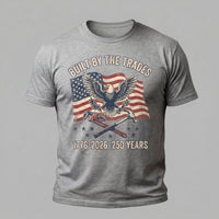 Load image into Gallery viewer, Built by the Trades 250 Years patriotic t-shirt, heather grey worn product shot