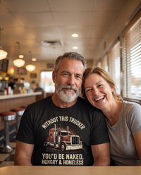 Load image into Gallery viewer, Trucker and wife laughing, wearing the grunge trucker tee