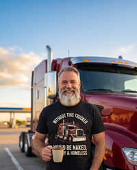 Load image into Gallery viewer, Trucker holding a coffee mug wearing the grunge trucker tee