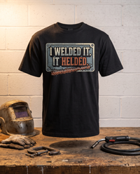 Load image into Gallery viewer, I Welded It. It Helded. welder t-shirt on a workbench with a welding helmet, gloves, C-clamp and MIG gun