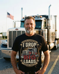 Load image into Gallery viewer, Trucker wearing the I Drop Big Loads shirt in front of his rig