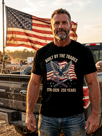 Load image into Gallery viewer, Tradesman wearing Built by the Trades black shirt by a pickup truck with American flag at sunset
