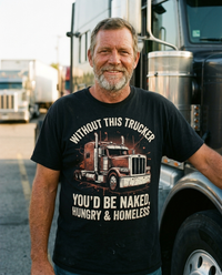 Load image into Gallery viewer, Trucker wearing Without This Trucker tee at a truck stop